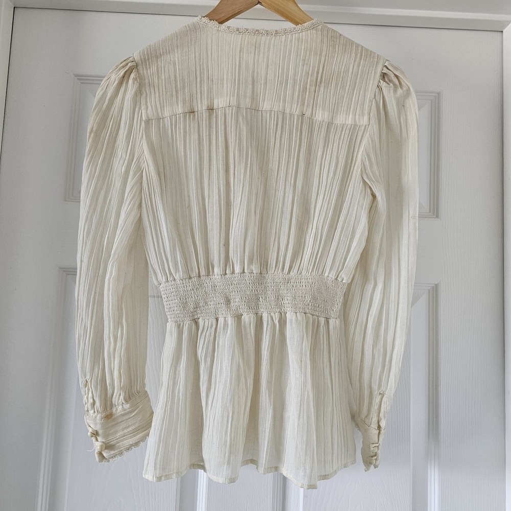 1970s Vintage Sitara San Francisco Ivory Boho Gauze Peasant Lace Blouse #40 - Picture 6 of 12